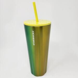Starbucks 2022 Green Yellow Ombre Scalloped Stainless Cold Cup Splatter Lid EUC